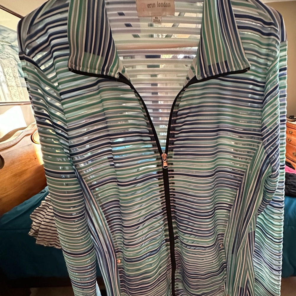Erin London Blue and Green Striped sheer light weight Jacket